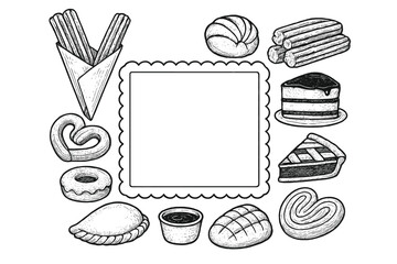 Latin American bakery menu template. Hand drawn vector of traditional pastry like churros, empanada, concha and pan dulce. Sketch food frame for cafe menu design.