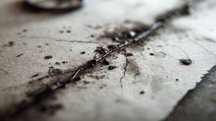 Close-up of a cracked and weathered surface with fine dirt particles and small debris on textured material