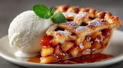 Slice of apple pie with ice cream and mint on a white plate.