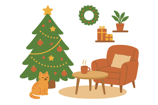 Cozy Christmas home interior scene. Cute ginger cat by a decorated tree. Festive winter holiday concept with armchair, coffee, gifts. Hygge room decor flat vector illustration.