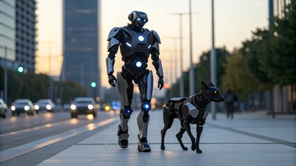 Obraz premium Humanoid Security Robot Walking with Robotic Security Dog on Patrol in Modern Urban Environment for Futuristic Law Enforcement