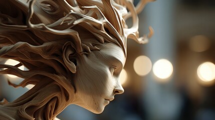 Artistic sculpture of a woman's profile with flowing hair made of wood or clay in a modern indoor setting