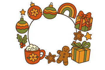 Round frame for Christmas ads. Groovy 70s retro holiday vector elements. Copy space card with baubles, hot cocoa, gingerbread man, gifts, rainbow, cookies. Festive design.
