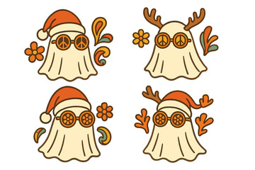 Groovy Christmas ghost character set. Retro 70s hippie spook with Santa hat, deer antlers, and peace sign glasses. Cute Xmas vector illustration for t-shirt design print.