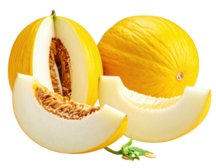 Bright yellow melon, partly sliced, showing the inner seeds and juicy flesh