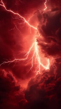 Raging red storm with jagged lightning illuminating dense clouds and a fiery sky casting crimson hues
