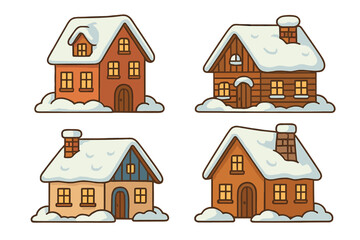 Winter houses collection with snow-covered roofs and snowdrifts, cartoon rural cottages and cozy snowy buildings set, hand-drawn flat vector illustration for seasonal winter architecture design