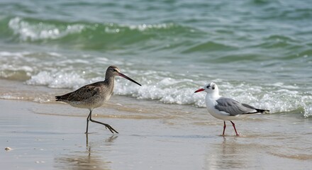 Seabirds walking on sandy beach near ocean waves during daytime