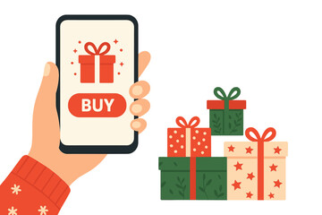 Christmas online shopping concept. Hand holding phone with buy button on screen. Holiday e-commerce application. New Year sale. Buying gifts online. Flat vector illustration.