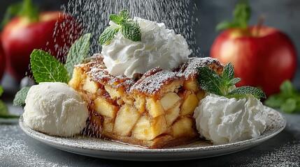 Apple pie with whipped cream and mint leaves on a white plate.