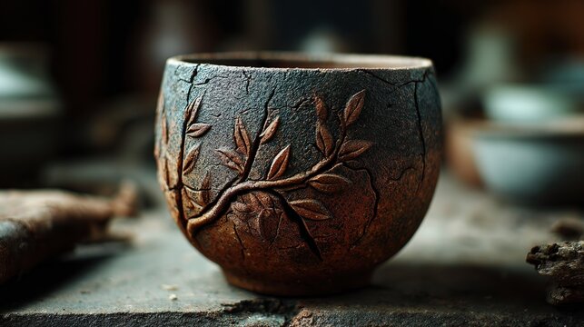Rustic ceramic cup with leaf imprint detail showcasing handmade pottery craftsmanship and natural design