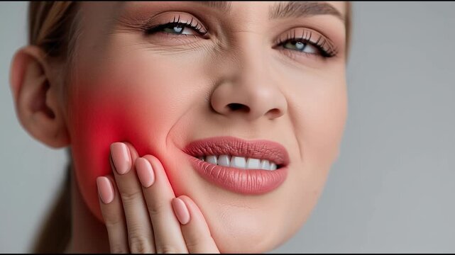 Close-up of woman touching cheek with highlighted red pain area, concept of toothache, dental pain, jaw pain, gum infection, or oral health problem 