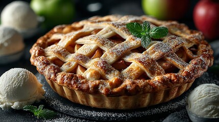 Apple pie with lattice crust and apples and ice cream in background.