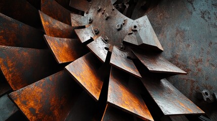 Ballistic separator fins, abstract angled planes, real machinery, industrial geometry, dynamic shot