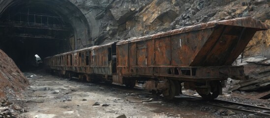 Desolate Scene of Rusty Abandoned Train Car in Coal Mine, Overcast Sky with Rocky Cliff Background