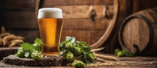 Golden Beer in Glass on Rustic Wooden Table with Hops, Wheat Stalks, and Barrel in Background