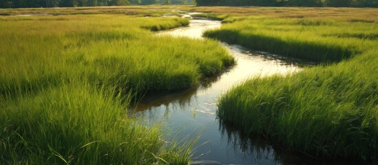 Serene Landscape: Marshland with Stream, Green Grass, Calm Water, Blue Sky, and Sunshine Creating Peaceful Atmosphere