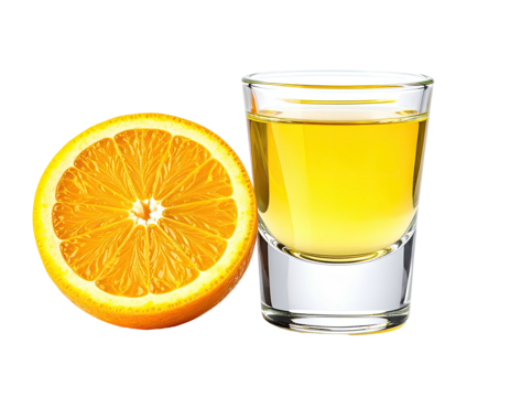 Bright image with a sliced orange and a shot glass filled with yellow liquid