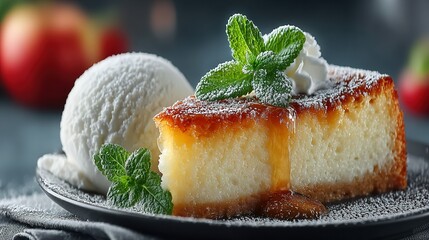 Cheesecake slice with ice cream mint and apple on a plate.