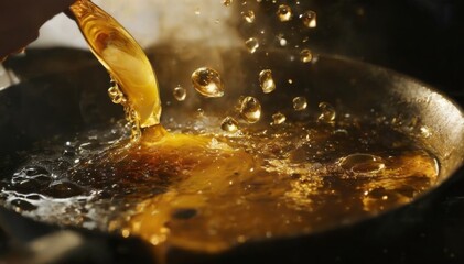 Closeup of hand pouring golden liquid into frying pan, creating sparkling effect on dark background.