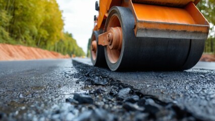 Freshly paved road construction site with orange road roller moving on new pavement, scattered rocks, trees, and blue sky.