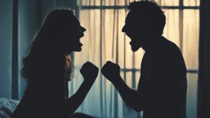 Silhouetted couple in bedroom faceoff with raised fists, tension and confrontation, blurred window background.