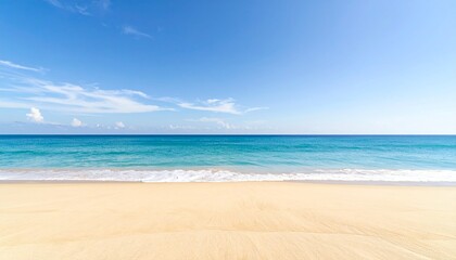 Obraz premium Idyllic tropical beach with golden sand, clear turquoise ocean, and vast blue sky