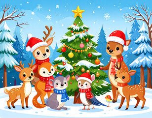 Cute Christmas Animals Around Decorated Tree