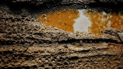 The previous image but with a darker, moodier tone, this photo focuses on the rich texture of wet mud surrounding a murky puddle. The deep shadows and vignette effect