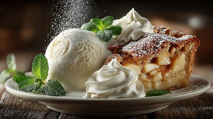 Apple pie slice with ice cream whipped cream and mint on a plate.