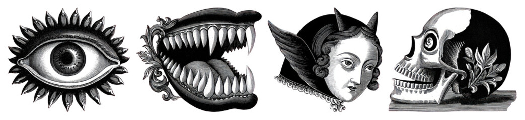 PNG Surreal vintage illustrations collection, element set on transparent background