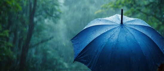 Peaceful Rainy Day: Person Holding Blue Umbrella in Wooded Area with Raindrops Falling, Serene Atmosphere and Blurred Background.