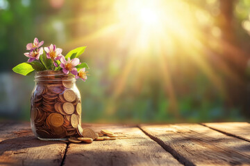 Blossoming Investment Jar: A symbolic representation of financial growth and prosperity, this image showcases a glass jar overflowing with coins.