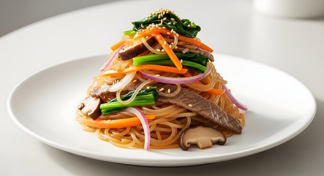 Japchae Korean Glass Noodle Dish with Beef, Vegetables, and Sesame