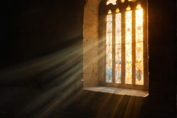 Serene and Peaceful Atmosphere with Stained Glass Window in Dark Room, Illuminated by Sunlight, Stone Walls, Wooden Floor.