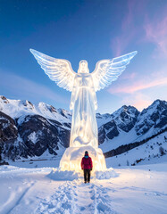 Giant Ice Angel Sculpture in Snowy Mountain Landscape.