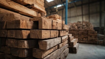 Industrial Warehouse with Neatly Stacked Old Weathered Wooden Planks, Natural Light, Concrete Floor, and Metal Beams.