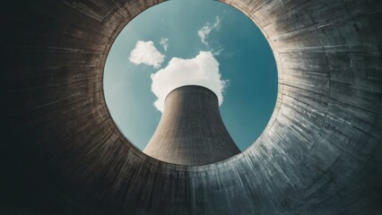 Closeup of tall cylindrical nuclear power plant cooling tower surrounded by tunnel structure, under blue sky with clouds.
