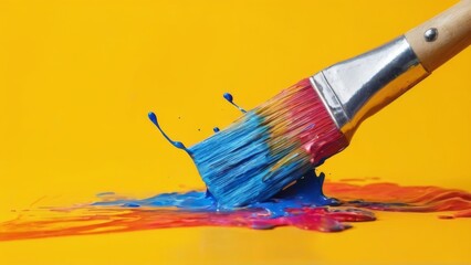 Dynamic CloseUp of Colorful Paintbrush Splashing Vibrant Colors Against Yellow Background, Energetic and Fluid Motion Concept