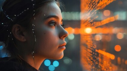 Young woman's face in contemplation with blurred cityscape background in futuristic lines and dots in orange and yellow.