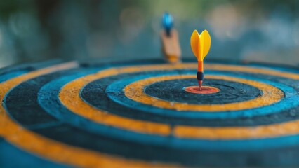 Dartboard Closeup with Yellow Dart in Center, Blue and Orange Color Scheme, Outdoor Setting with Focused Mood