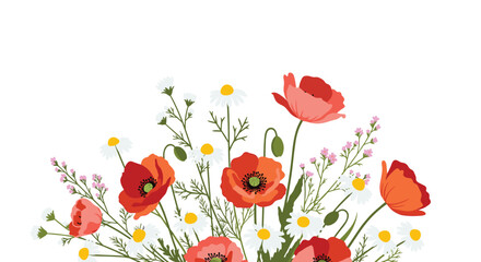 Obraz premium A vibrant meadow bouquet bursting with red poppies and delicate daisies in full bloom.