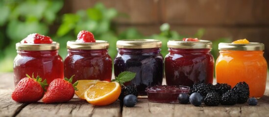 Vibrant Jam Jars on Wooden Table with Fresh Berries in Garden Setting