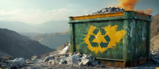 Industrial recycling container on rocky terrain with mountains, blue sky, and rising orange smoke, evoking theme of destruction.