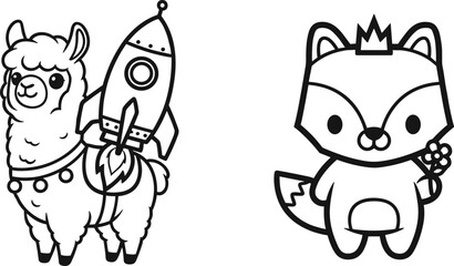 Cute alpaca with rocket cartoon, funny fox with crown holding flower, adorable animal vector illustration, black and white coloring page design