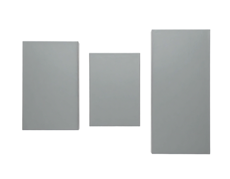 Three gray, rectangular panels of varying sizes are set against black