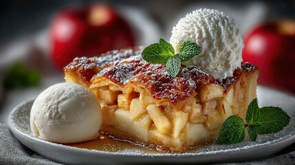 Apple pie slice with ice cream and mint garnish on a plate.