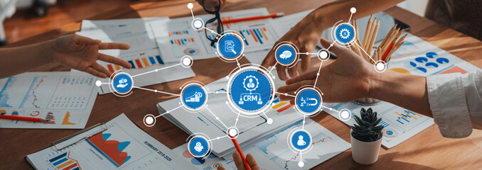 Analyst team utilizing BI Fintech to analyze and pointing at financial dashboard paper office....