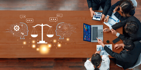 A diverse group of professionals engaged in a business meeting focused on artificial intelligence,...