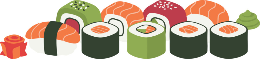 Flat Design Colorful Sushi Roll and Nigiri Assortment Still Life